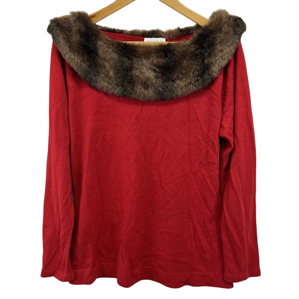 Vintage 80s‎ Designers Original Red Sweater Faux Fur Full Collar Large Luxelon